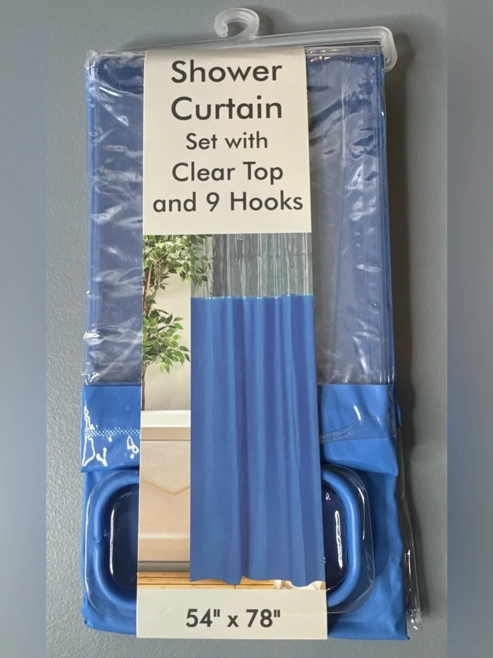 Blue Shower Curtain Set with Clear Top and 9 Hooks 54” x 78” bathroom